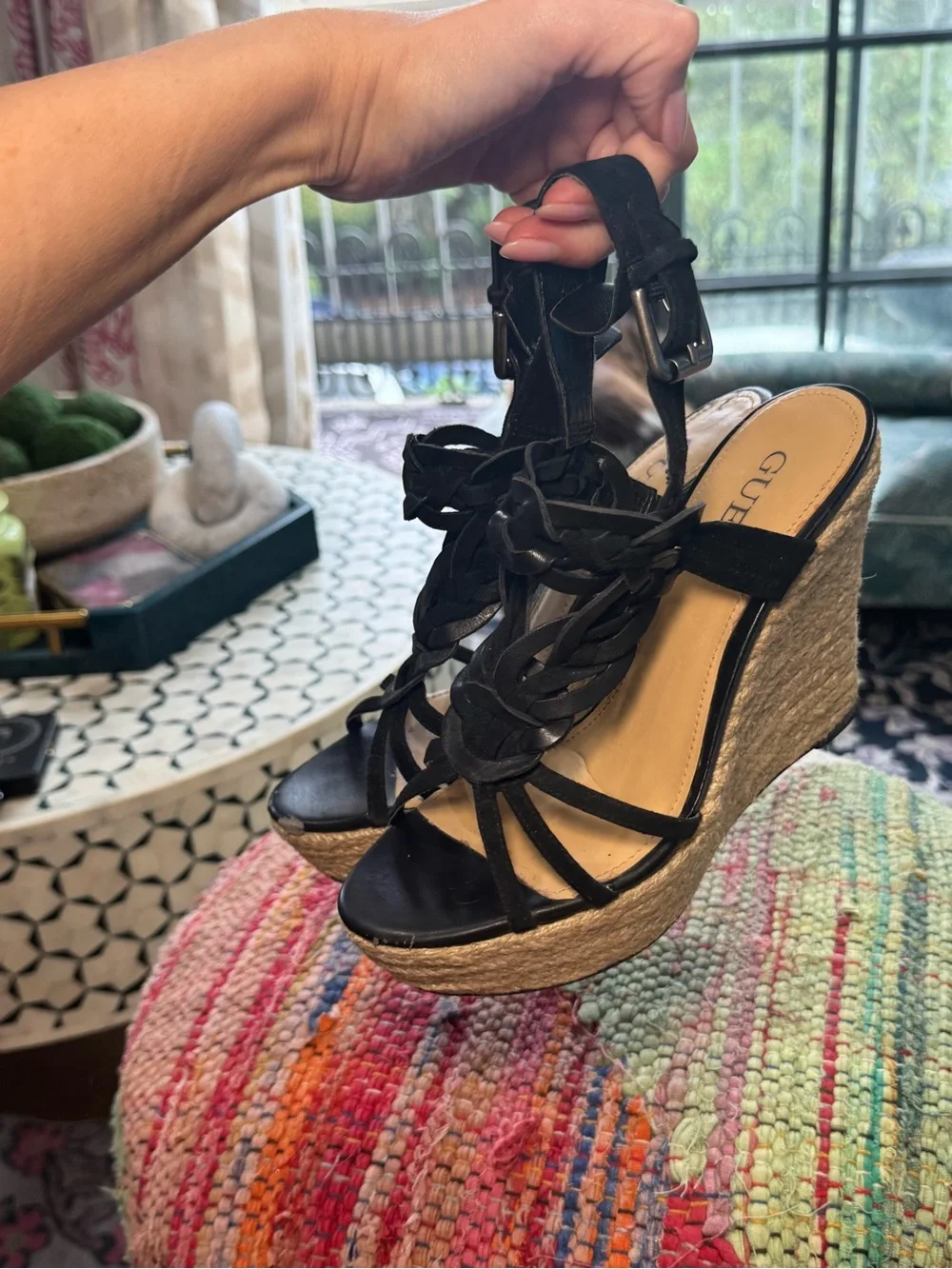 ➰ Guess Black Braided Espadrille Wedge Sandals ➰